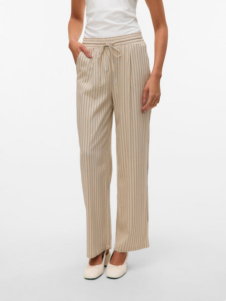Vero Moda Striped Wide Leg Linen Blend Trousers in Beige