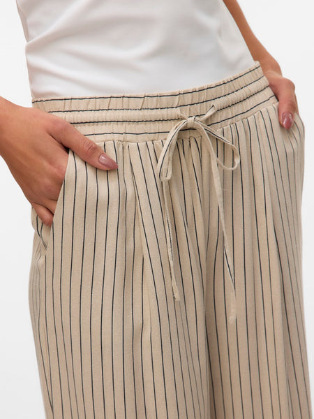 Vero Moda Striped Wide Leg Linen Blend Trousers in Beige