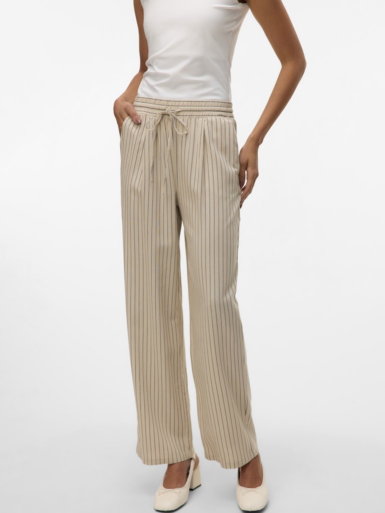 Vero Moda Striped Wide Leg Linen Blend Trousers in Beige