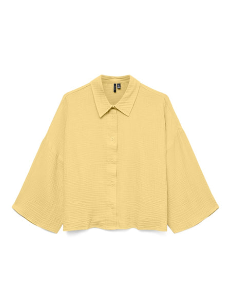 VERO MODA Cropped 3/4 Sleeve Cotton Shirt in Yellow