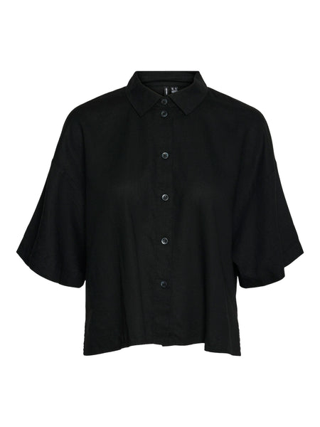 Vero Moda Short Sleeve Linen Blend Short Shirt in Black