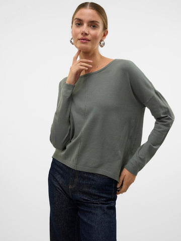VERO MODA Long Sleeve Zip Back Top in Green