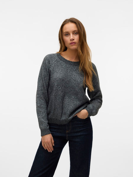 VERO MODA Knitted O-Neck Glitter Jumper in Dark Grey