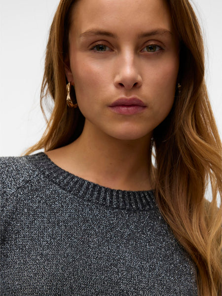 VERO MODA Knitted O-Neck Glitter Jumper in Dark Grey