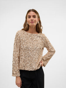 Vero Moda Sequin Boat Neck Top in Champagne