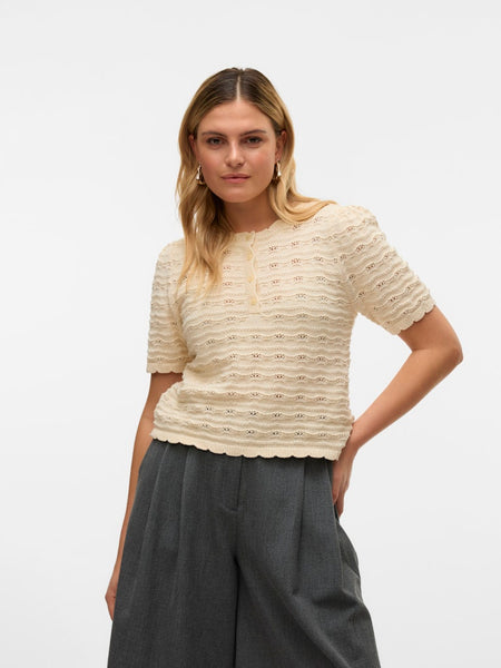 Vero Moda Knitted Short Sleeve 1/4 Button Top in Cream