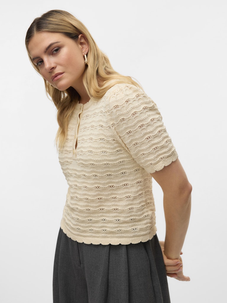 Vero Moda Knitted Short Sleeve 1/4 Button Top in Cream