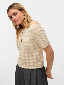 Vero Moda Knitted Short Sleeve 1/4 Button Top in Cream