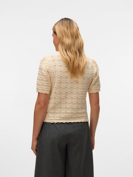 Vero Moda Knitted Short Sleeve 1/4 Button Top in Cream