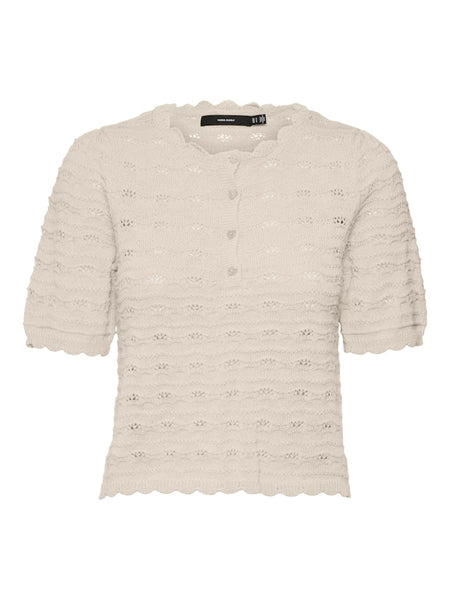 Vero Moda Knitted Short Sleeve 1/4 Button Top in Cream