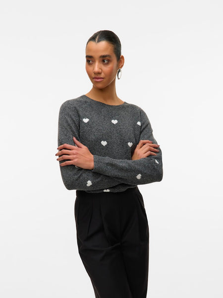 VERO MODA Knitted Heart Print O-Neck Jumper in Grey