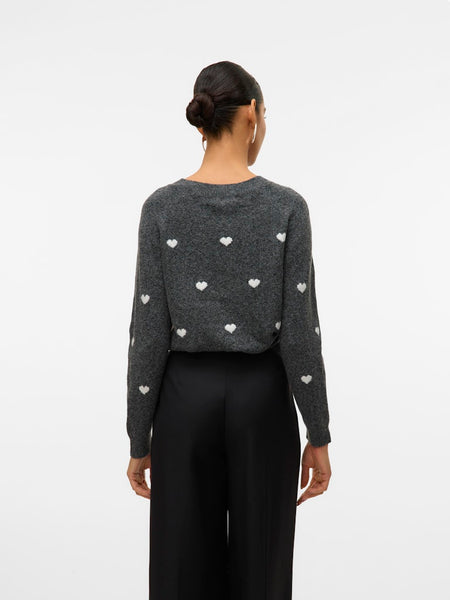 VERO MODA Knitted Heart Print O-Neck Jumper in Grey