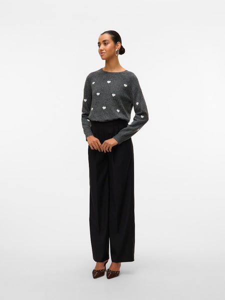 VERO MODA Knitted Heart Print O-Neck Jumper in Grey