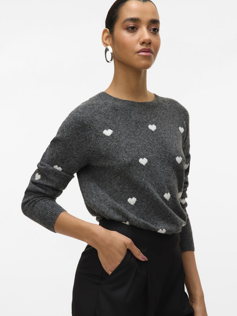VERO MODA Knitted Heart Print O-Neck Jumper in Grey