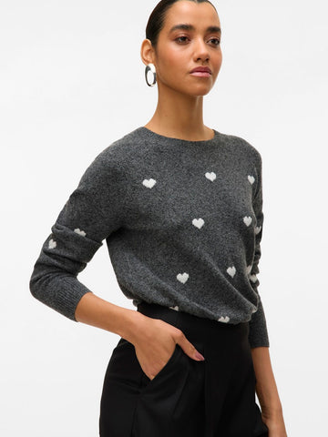 VERO MODA Knitted Heart Print O-Neck Jumper in Grey