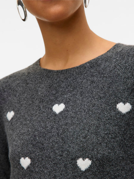VERO MODA Knitted Heart Print O-Neck Jumper in Grey
