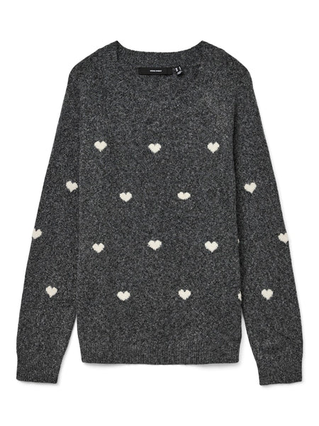 VERO MODA Knitted Heart Print O-Neck Jumper in Grey