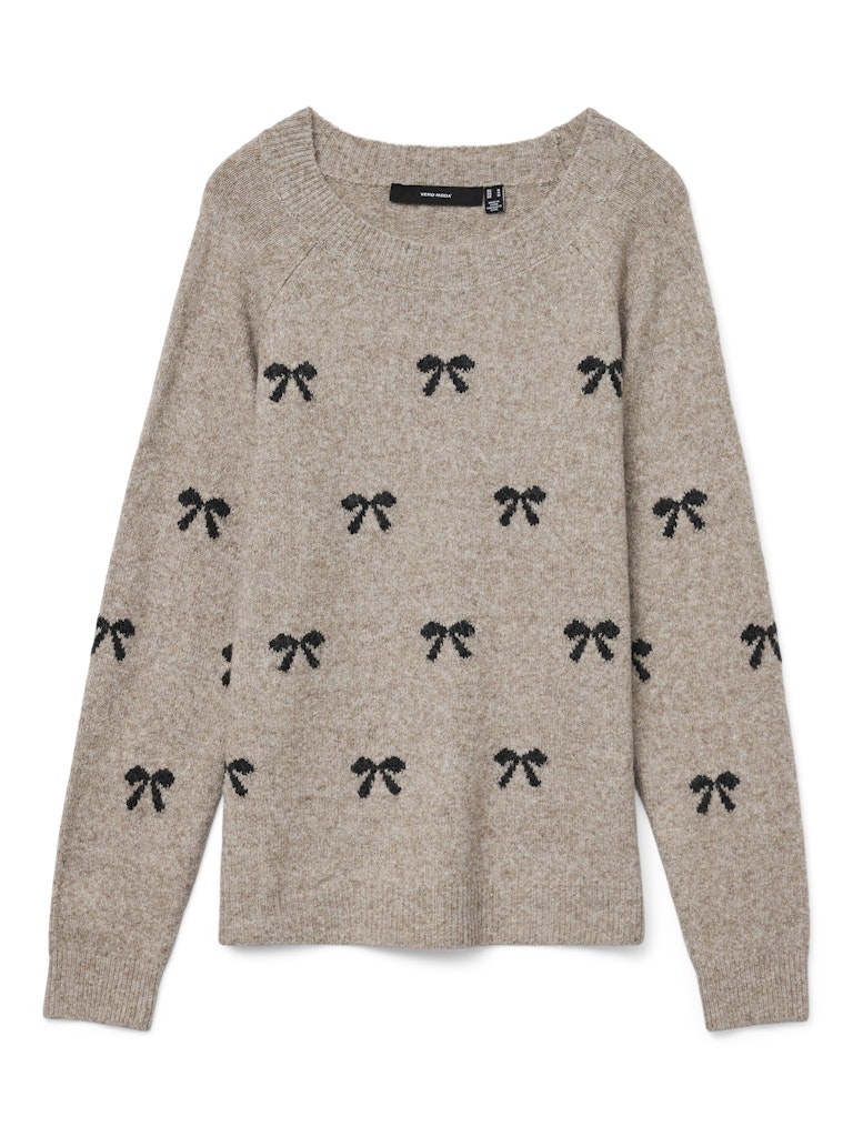 VERO MODA Knitted Bow Print O-Neck Jumper in Beige