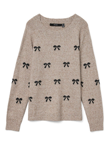 VERO MODA Knitted Bow Print O-Neck Jumper in Beige