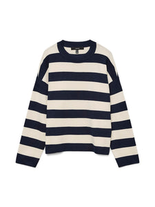 VERO MODA Striped Boxy O-Neck Jumper in Navy