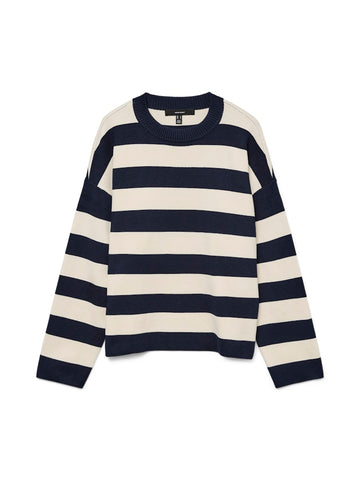 VERO MODA Striped Boxy O-Neck Jumper in Navy