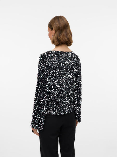 VERO MODA Sequin Boat Neck Top in Black
