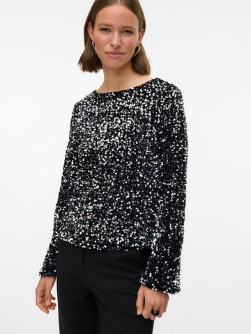VERO MODA Sequin Boat Neck Top in Black