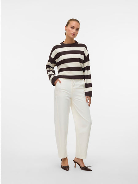 VERO MODA Striped Boxy O-Neck Jumper in Brown
