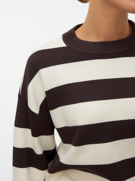 VERO MODA Striped Boxy O-Neck Jumper in Brown