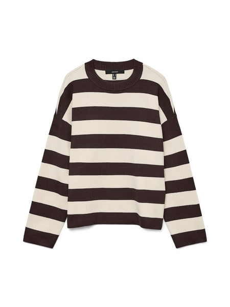 VERO MODA Striped Boxy O-Neck Jumper in Brown