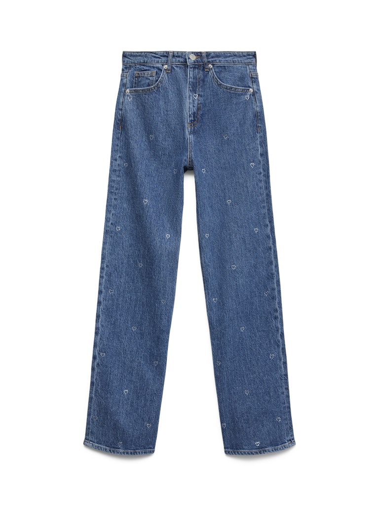 VERO MODA Wide Leg Rhinestone Heart Detail Jeans in Medium Blue