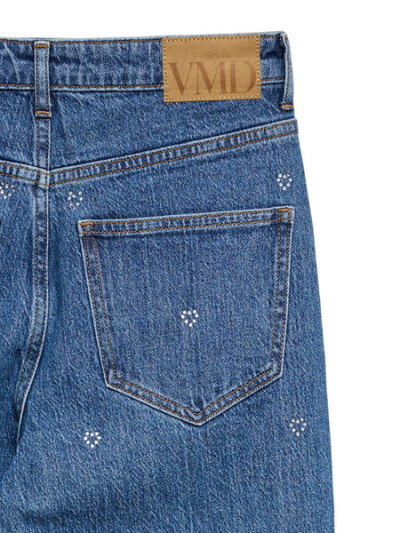 VERO MODA Wide Leg Rhinestone Heart Detail Jeans in Medium Blue