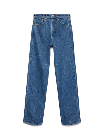 VERO MODA Wide Leg Rhinestone Heart Detail Jeans in Medium Blue