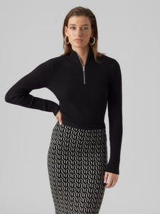 Vero Moda Ribbed Long Sleeve Zip Neck Top in Black