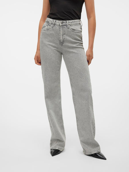 Vero Moda Wide Leg Rhinestone Detail Jeans in Grey