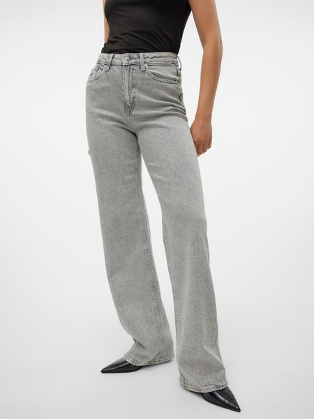 Vero Moda Wide Leg Rhinestone Detail Jeans in Grey