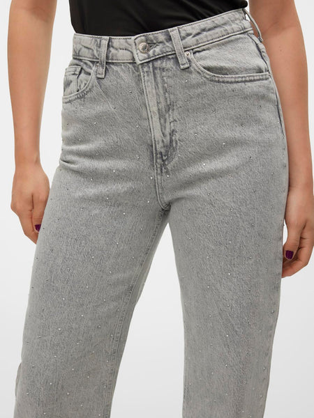 Vero Moda Wide Leg Rhinestone Detail Jeans in Grey