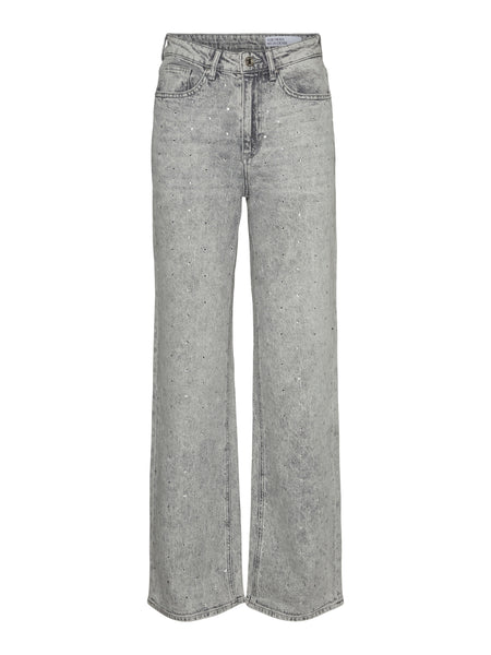 Vero Moda Wide Leg Rhinestone Detail Jeans in Grey