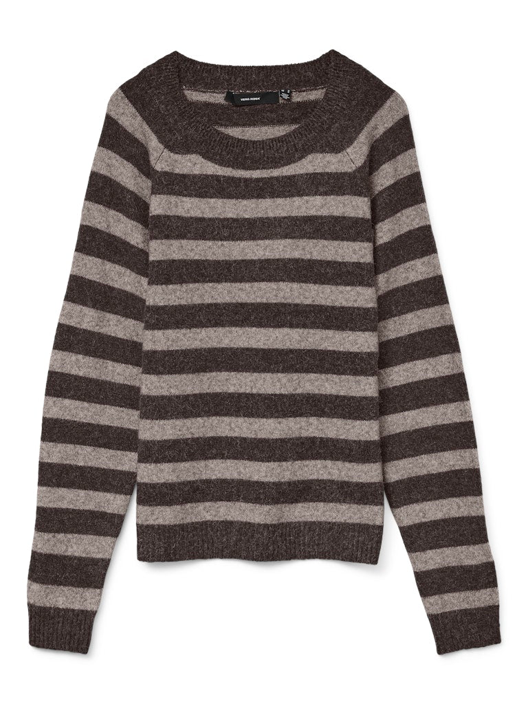 VERO MODA Knitted Striped O-Neck Jumper in Brown