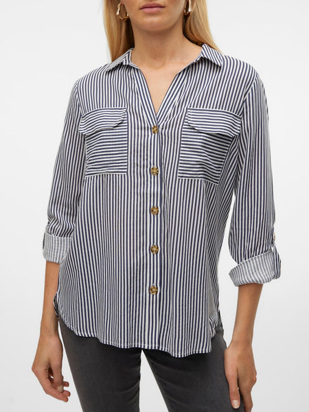 VERO MODA Striped V-Neck Shirt in Navy