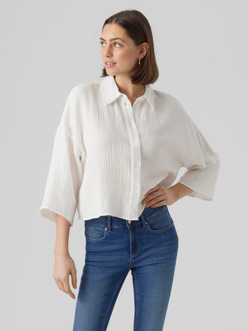 Vero Moda 3/4 Sleeve Cropped Cotton Shirt in White