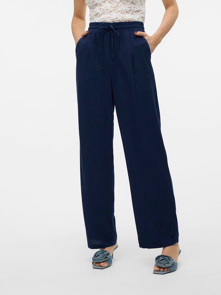 VERO MODA Wide Leg Linen Blend Trousers in Navy