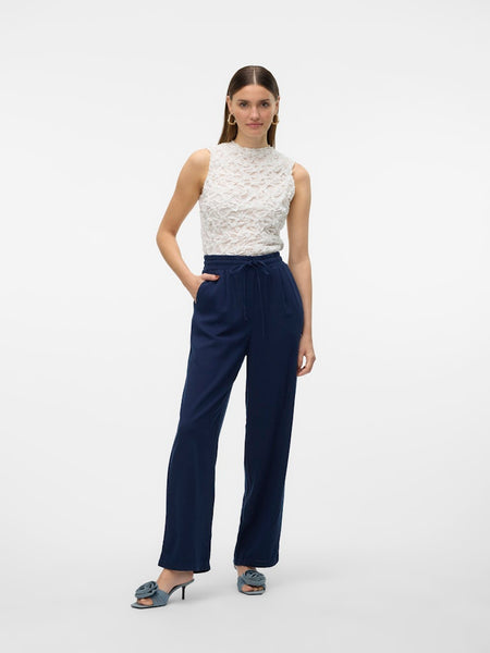 VERO MODA Wide Leg Linen Blend Trousers in Navy