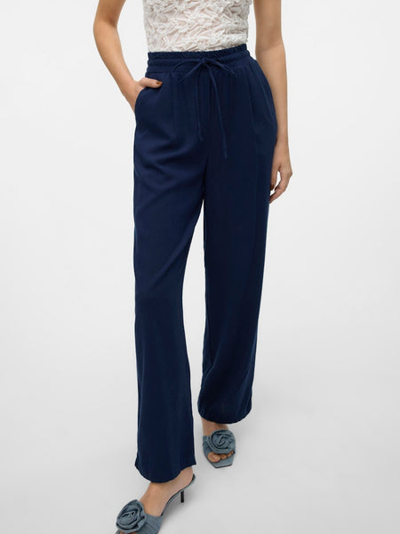 VERO MODA Wide Leg Linen Blend Trousers in Navy