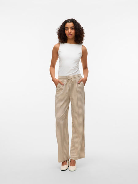 VERO MODA Striped Wide Leg Linen Blend Trousers in Beige