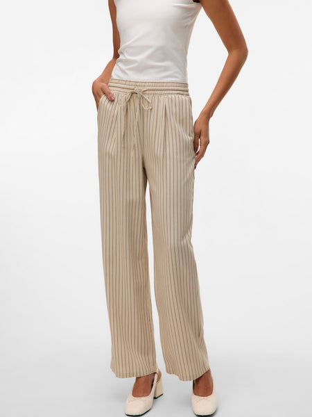 VERO MODA Striped Wide Leg Linen Blend Trousers in Beige