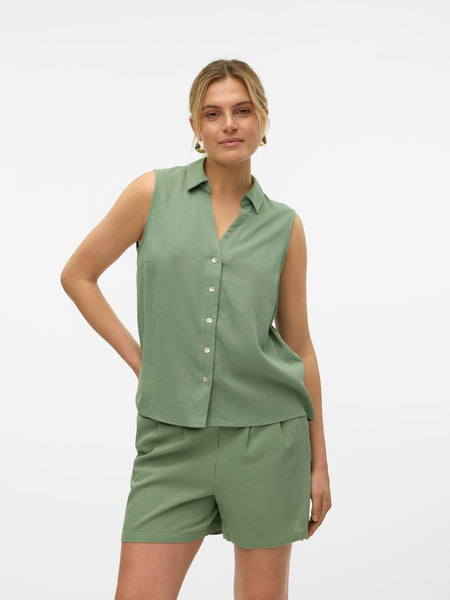 Vero Moda Sleeveless Linen Blend Shirt in Green
