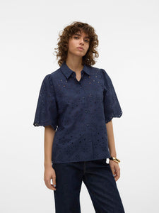 Vero Moda Embroidered 2/4 Sleeve Shirt in Navy