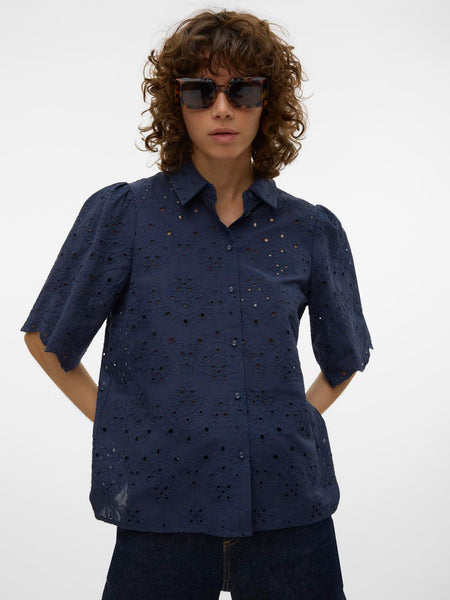 Vero Moda Embroidered 2/4 Sleeve Shirt in Navy