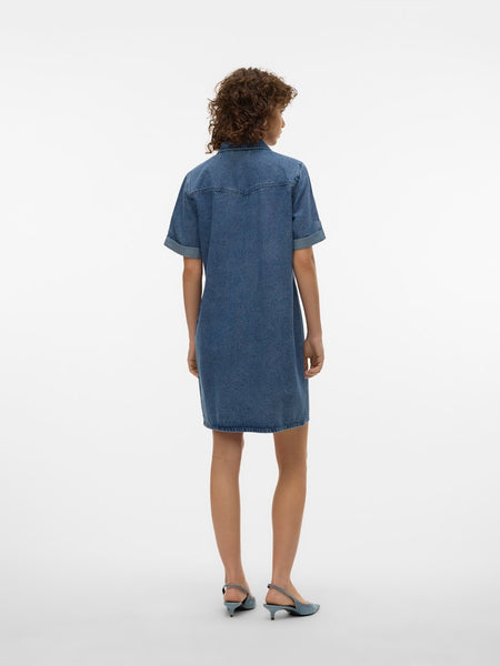 VERO MODA Short Sleeve Short Denim Dress in Medium Blue